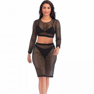 Sexy Sheer Black Mesh Long Sleeves Round Neckline Crop Top & Skirt Nightclothes Lingerie Set N18973