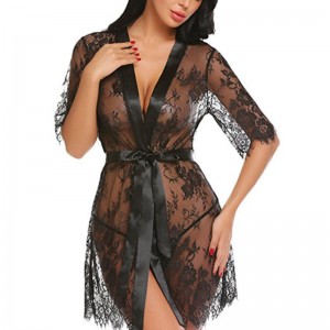 Charming See-through Floral Lace Self-tying Thin Nightgown Bathrobe with Sash N18926