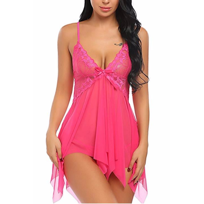 Women Sexy Lingerie Lace Babydoll V Neck Sleepwear Strap Chemise in several colors rose-team