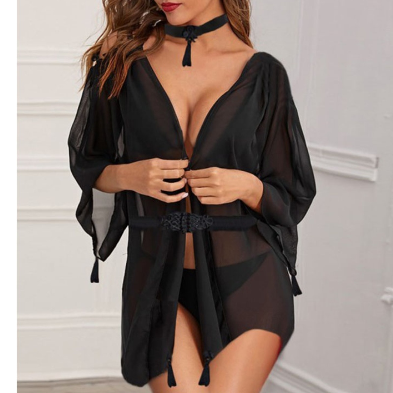 sexy lingerie bodysuit,lingerie sexy chaude transparent,women sexy lingerie Sexy See-through Long Sleeve Chiffon Irregular Trim Thin Nightgown With G-string