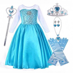 Snow Party Queen Halloween Costume Blue Long Sleeve Snow Queen Sequin Elsa Dress For Girls with Accessories HCGD-006