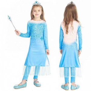 Princess Fancy Little Girls Long Dress Pants 2pcs Elsa Dress Cosplay With Accessories HCGD-021