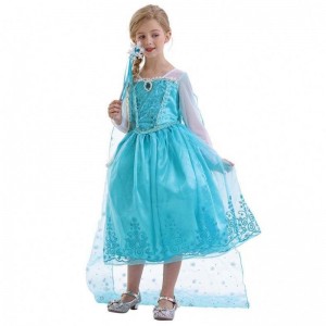 Children Birthday Pageant Cosplay 2-10Y Sequin Blue Long Sleeve Halloween Princess Elsa Dress Cosplay HCGD-039