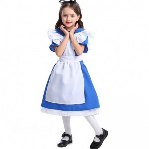 Girls Halloween Ruffle Trim Tie Waist Blue Alice In Wonderland Cosplay Kids with White Apron 4-12 Years DGHC-070