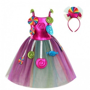 Girls Birthday Pageant Dress Up Rainbow Tulle Dresses Candyland Costumes with Headband DGHC-081