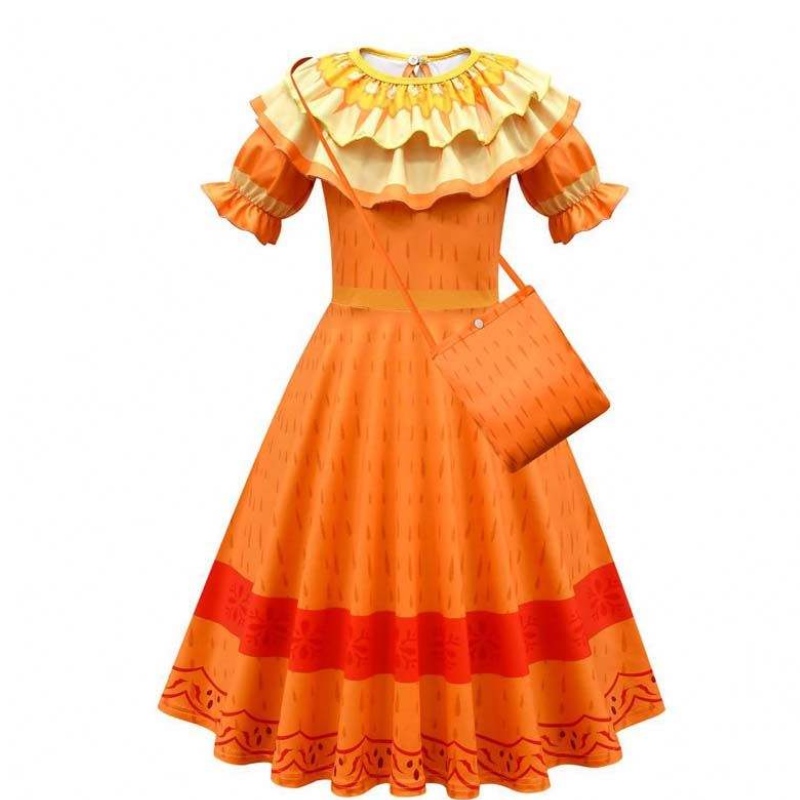 New Product 2022 Kids Girls Mirabel Madrigal Cosplay Outfit Dress up Encanto Isabela Dress With Bag Wig HCIS-006