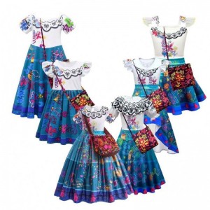 2022 Children Encanto Madrigal Princess Skirts Outfits Blue Mirabel Dress From Encanto with Bag 100-160cm HCIS-001