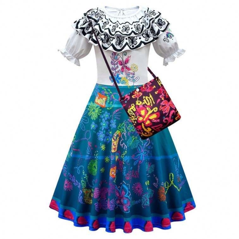 2022 Children Encanto Madrigal Princess Skirts Outfits Blue Mirabel Dress From Encanto with Bag 100-160cm HCIS-001