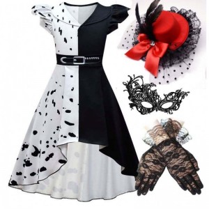 Halloween Cosplay Costume Girls Black White Role Play Cruella Costume Full Set DGHC-141