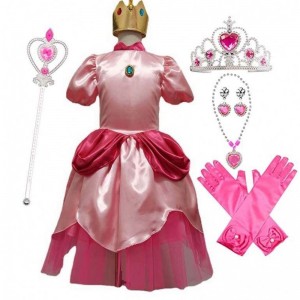 Carnival Cosplay Baby Girls Party Christmas Super Brother Cartoon Pink Princess Peach Costume with Crown HCMU-006