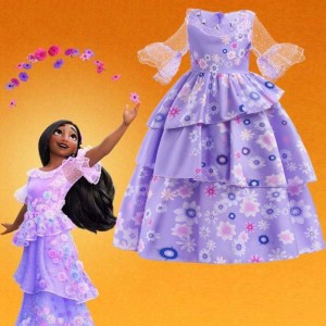 Hot Sale Kids Encanto Movie Costume Isabella Cosplay Purple Floral Girls Silk Maxi Long Dress