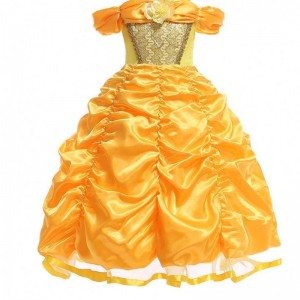 BAIGE New Design Kids Costume Girls Dress Names With Pictures Princess Belle Long Gown Puffy Yellow Dress SMR023