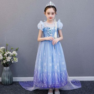 BAIGE 2021 New Blue Elsa Anna Girl Party Dress Cosplay Dresses Up Princess With Handmade Necklace and Long Cape