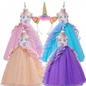 Baige 3-15 years Girl Unicorn Party dresses Ruffles Kids Clothing Costume Birthday Party Dress