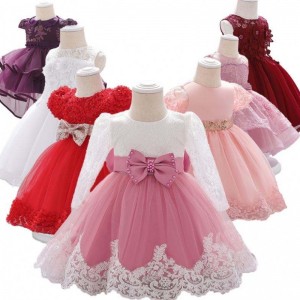 3-24Month Lace Long sleeve Children Clothes First Birthday Cute Flower Party Dress