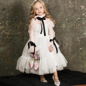 Polka-dot Tulle Flower Girl Dresses Illusion Long Sleeves Girl Wedding Party Dress Ribbons Communion Dress Birthday New Year