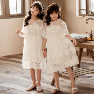 New Summer Cotton Net Yarn Lace Girls Dresses Kids Skirt Children Clothing 3-14 Years Old White Princess Dress