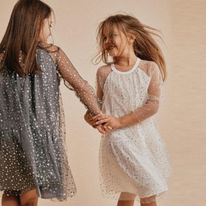 Summer Dress Shiny Star Pattern Girls Yarn Cotton Lined Princess Dress Christmas O-neck Kids Dresses for Girls