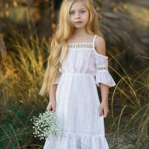 Kids Summer Off-shoulder Girls Dress White Pink Ruffle Beach Dresses Children Princess Bridesmaid Wedding Pageant for Flower Gir