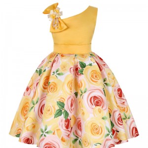 Summer Girls Rose Print Dress Princess Wedding Birthday Party Frocks Satin Children Vestidos Dresses For Girl Christmas Clothing