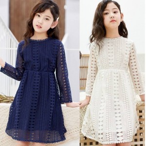 Girl Long Sleeves Lace Dress Child Baby Princess Wedding Party Girls Dress White/Dark blue