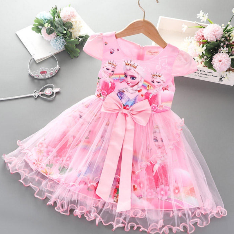 2-8Y Girls Dress Summer New Short Sleeve Princess Elsa Mesh Tutu Skirt Children's Birthday Party Cosplay Dress