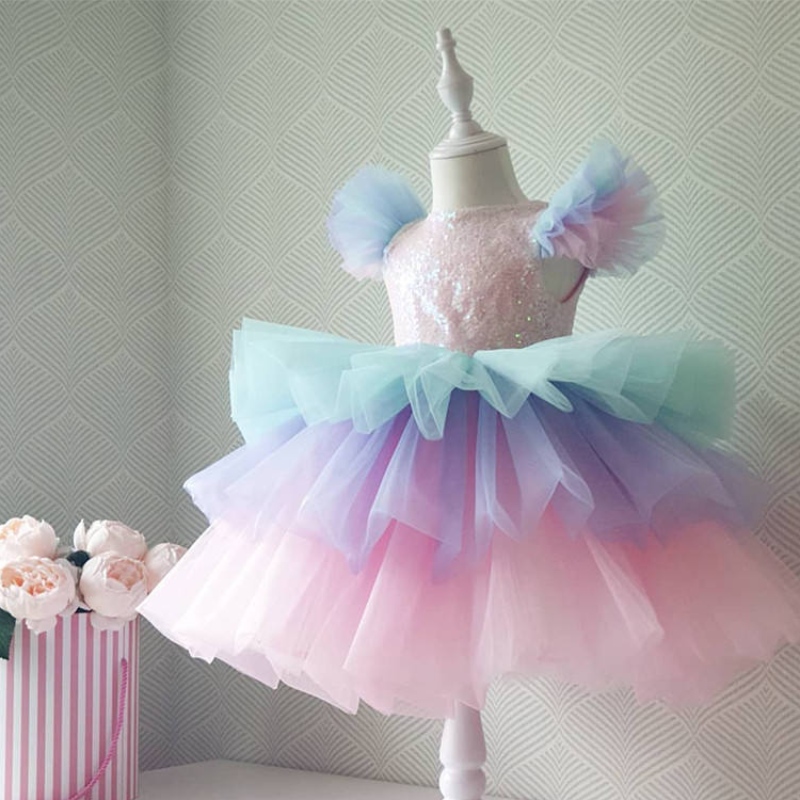 Girls Formal Princess Dress Kids Lace Tulle Rainbow Elegant Evening Party Cake Tutu Prom Gown Children Wedding Communion Costume