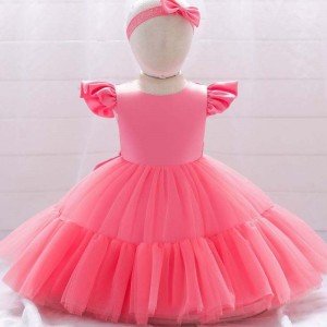 BAIGE Mesh Satin Princess girls birthday dresses lovely girl party baby girls dress designs for baptism With Headband