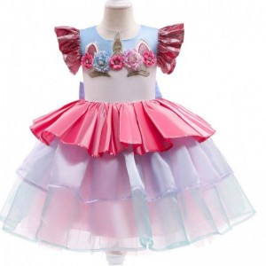 BAIGE pleated Short Sleeves Layered Cake Flower Dress Easter Wear girls unicorn dresses for party