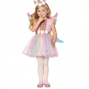 BAIGE Short Sleeve Shiny Sequins Tulle skirt with free headband and Wing baby girl Halloween Costume Unicorn dress