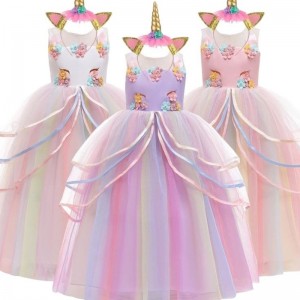 Baige Hot Sale Rainbow Unicorn Party Dresses Children Flower Girl Dress With Headband