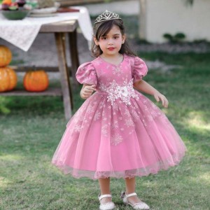 BAIGE Appliqued short sleeve new design baby girls dress party dress for kids girls