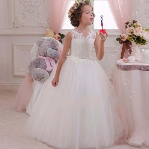 BAIGE White Wedding Elegant Girl Prom Dress Summer Kids Baby Gowns