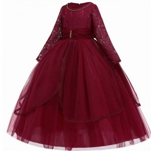 BAIGE long sleeve Princess Layers maroon Tulle Flower Girls Birthday Party Dresses lace flower girl dress