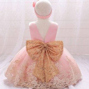 New Summer Kids Frock Princess Kids Gown Infant Baby 1st Birthday Dress With Free Headband