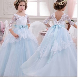 Children's Wedding Dress Girl's Seven-quarter Sleeve Lace Princess Skirt Beard Bow Gorgeous Dress