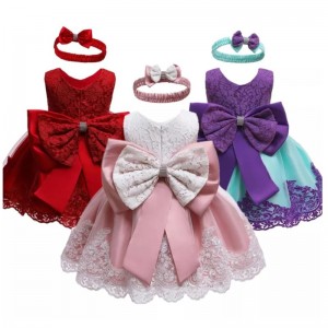 Amazon Hot Sale Kids Princess Dress Bow Lace Gown Dress Sweet Party Dress