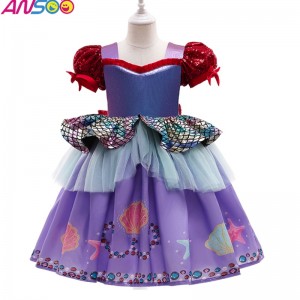 ANSOO Popular New Halloween Children's Costume Mermaid Bubble Sleeve Purple Princess Dress For Girls