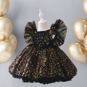 Baby 1st Birthday Dress for Girls Sequins Fluffy Kids Princess Party Gown Bow Elegant Wedding Clothes