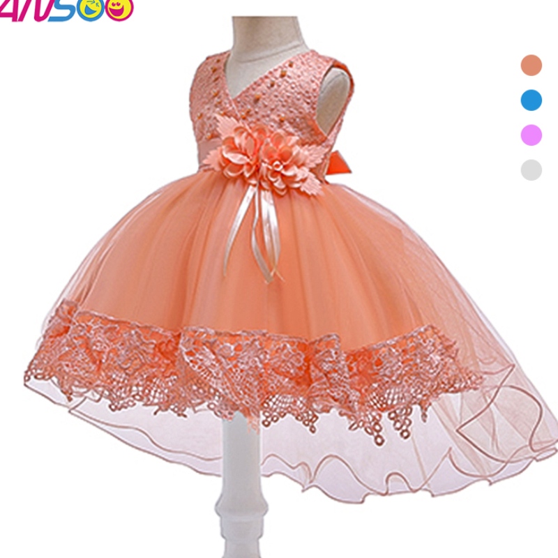 ANSOO European And American Baby Dress Lace Pink Princess Trailing Dress For 100 Days Party