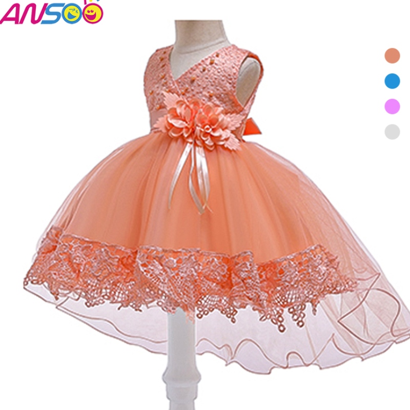 ANSOO Pretty Peach Children's Girl Birthday Princess Flower Orange Wedding Dress For Girl