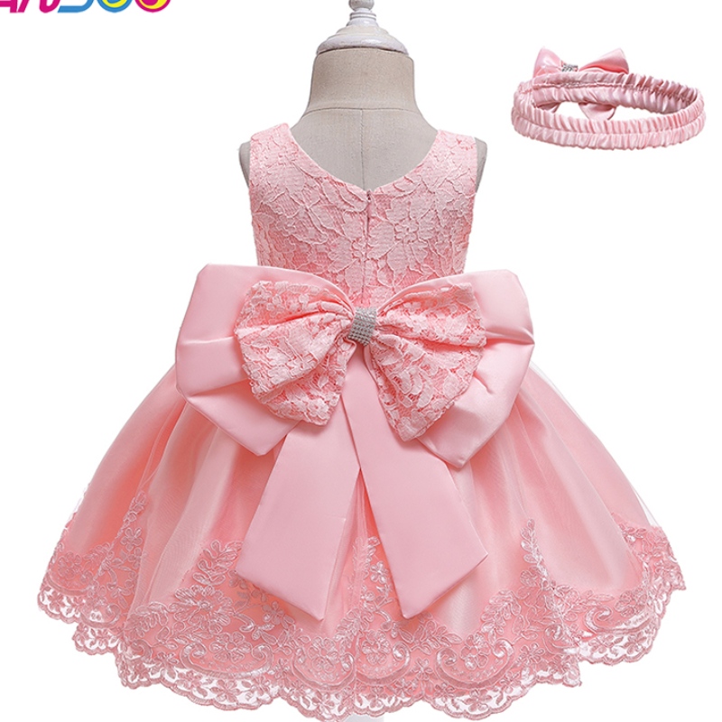 2022 Explosive Style Baby 100-day Birthday Dress Bowtie Hair Band Pompous Skirt Lace Dress With Hairband For Wholesale