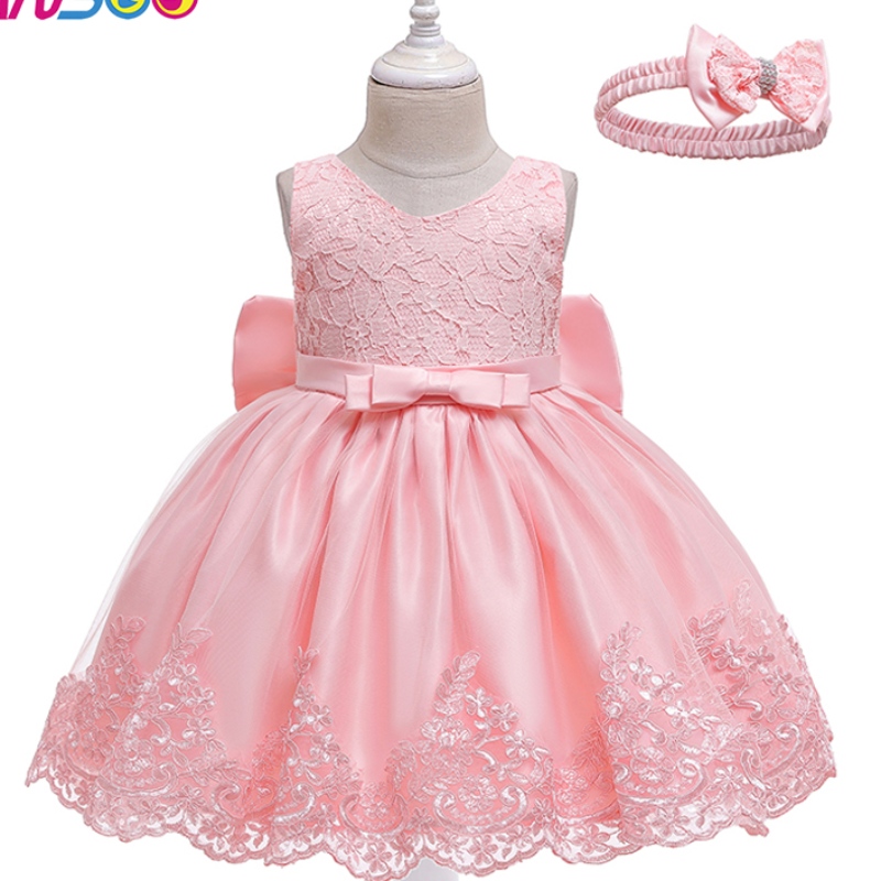 2022 Explosive Style Baby 100-day Birthday Dress Bowtie Hair Band Pompous Skirt Lace Dress With Hairband For Wholesale