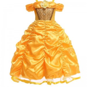 Belle Costume Girls Beauty and the Beast Princess Dress up Children Shoulderless Layered Ball Gown for Halloween