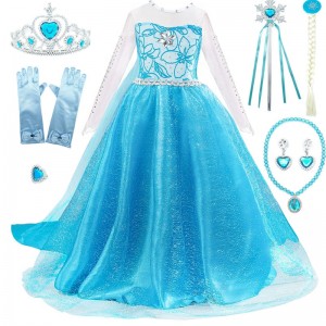 Girls Elsa Dress Up With Train Children Beading Long Sleeve Snow Print Halloween Carnival Party Princess Costume