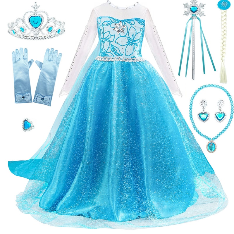 Girls Elsa Dress Up With Train Children Beading Long Sleeve Snow Print Halloween Carnival Party Princess Costume