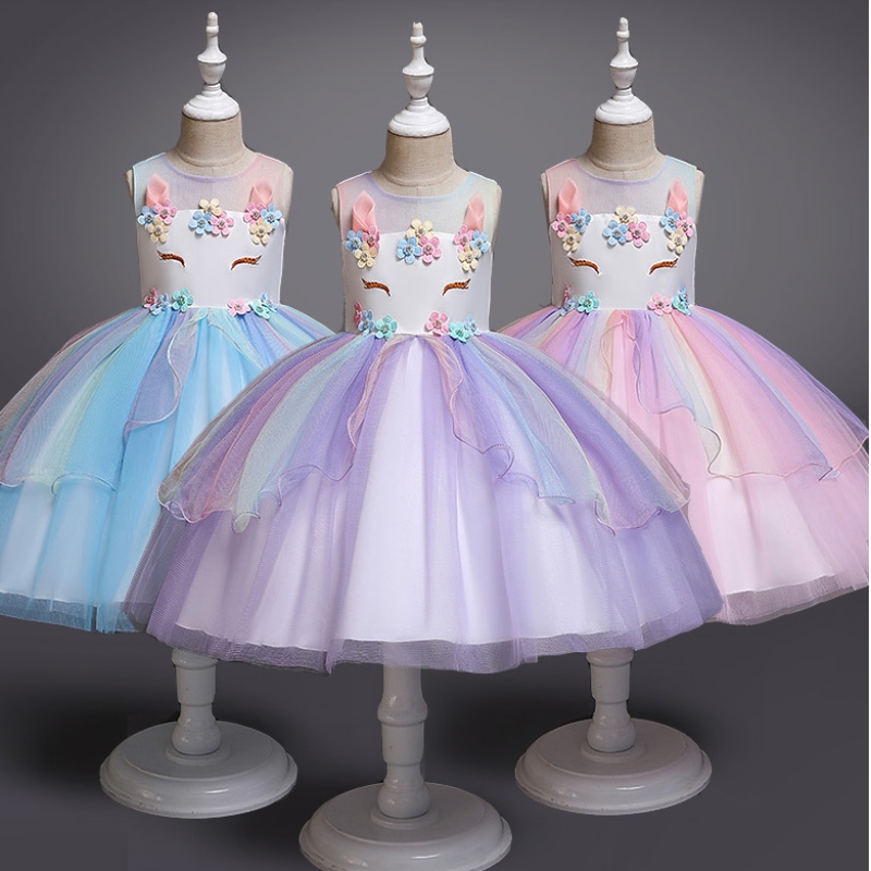 Unicorn Princess Costume Girls Pageant Evening Long Gowns Kids Sleeveless Embroidery Flower Birthday Party Tutu Dresses