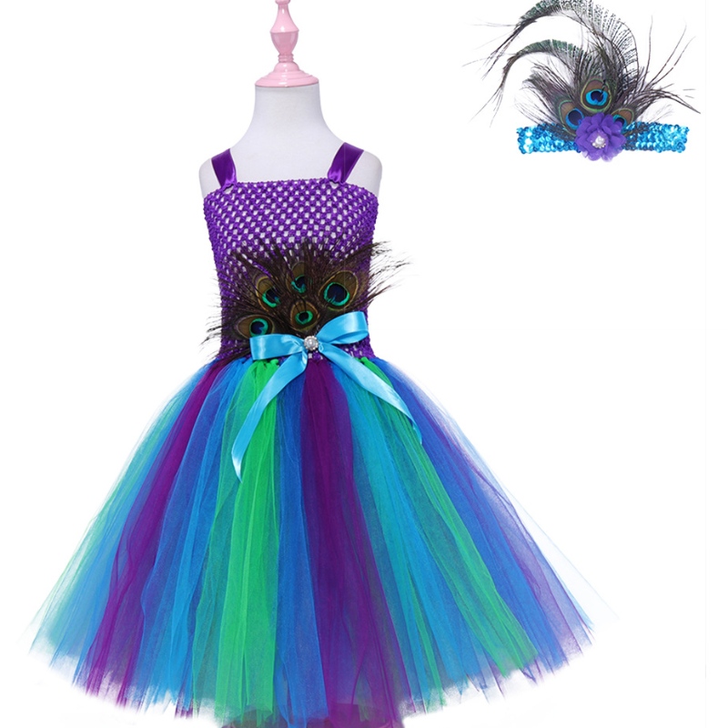 Children's Autumn Dress Peacock Feather Mesh Skirt Baby Princess Skirt Tutu Dress