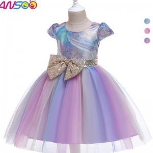 ANSSO Wholesale 2-12Years Kids Toddler Flower Girls Tutu Dress Rainbow Princess Birthday Baby Girls Party Dress For Children