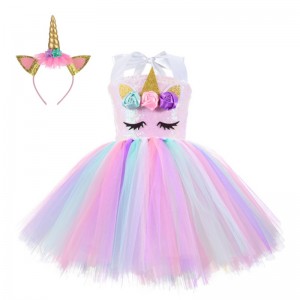 Sequin Party Dress Unicorn Princess Dress for Girls 1-10Y with Headband Birthday Dance Tutu dress